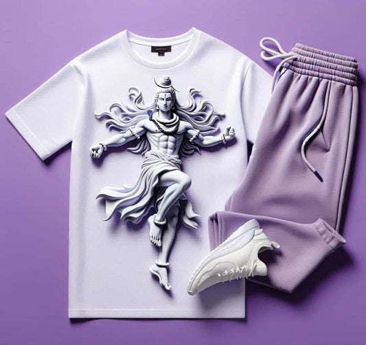 Om Namah Shivay White T - Shirt with Lavender Trackpant Tracksuit Set - Acquires