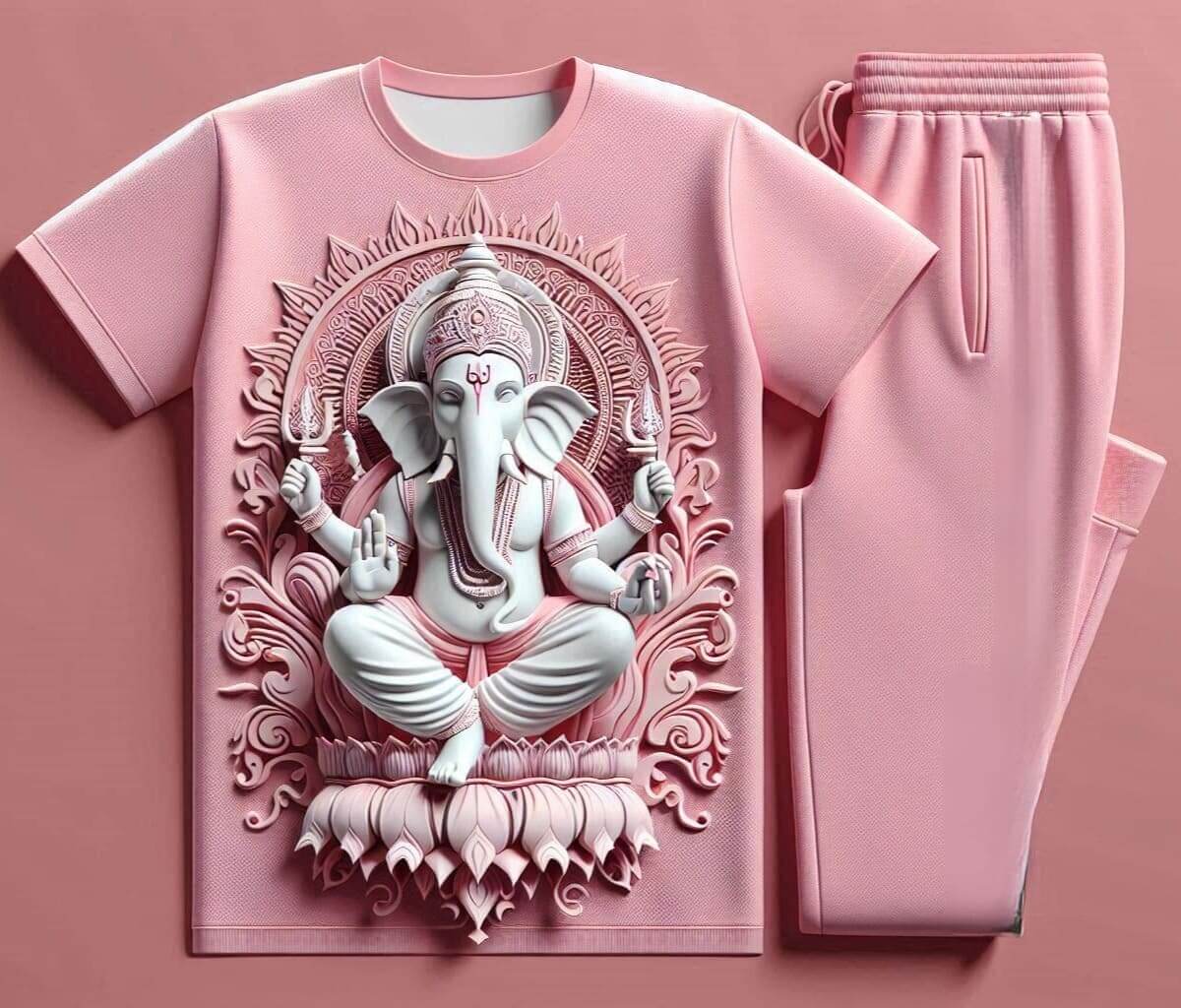 Omnipotent Ganapati Pink Tracksuit Set with Plain Pants - Acquires