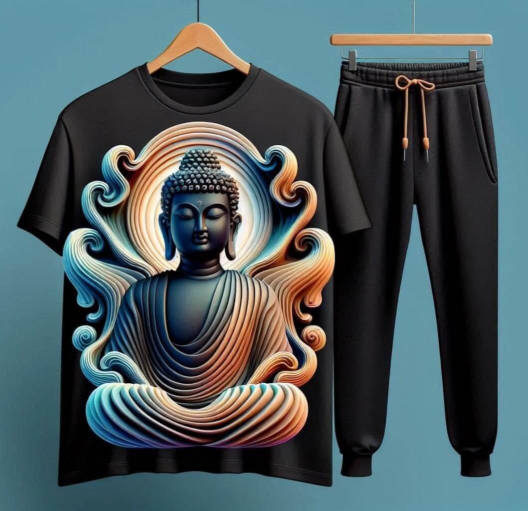 Peaceful Aura Buddha Black Tracksuit Set with Plain Pant - Acquires