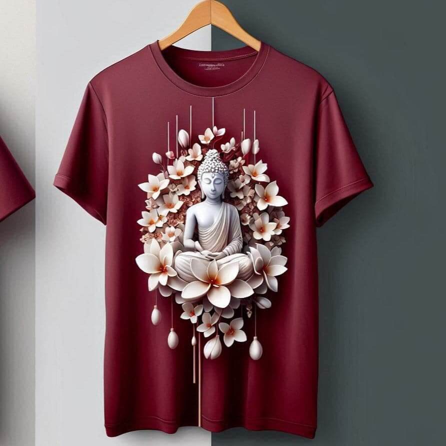 Peaceful Bloom Buddha Serene Blue Round Neck Half Sleeve Cotton T - Shirt - Acquires