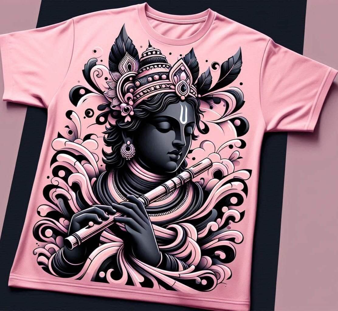 Peaceful Krishna Flute Light Pink Round Neck Half Sleeve Cotton T - Shirt - Acquires