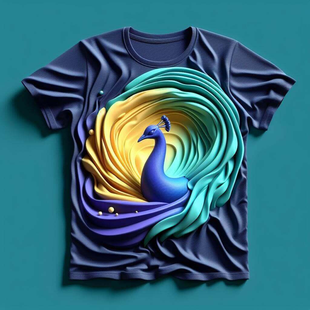 Peacock Abstract on Dark Blue Tee - Vibrant Elegance - Acquires