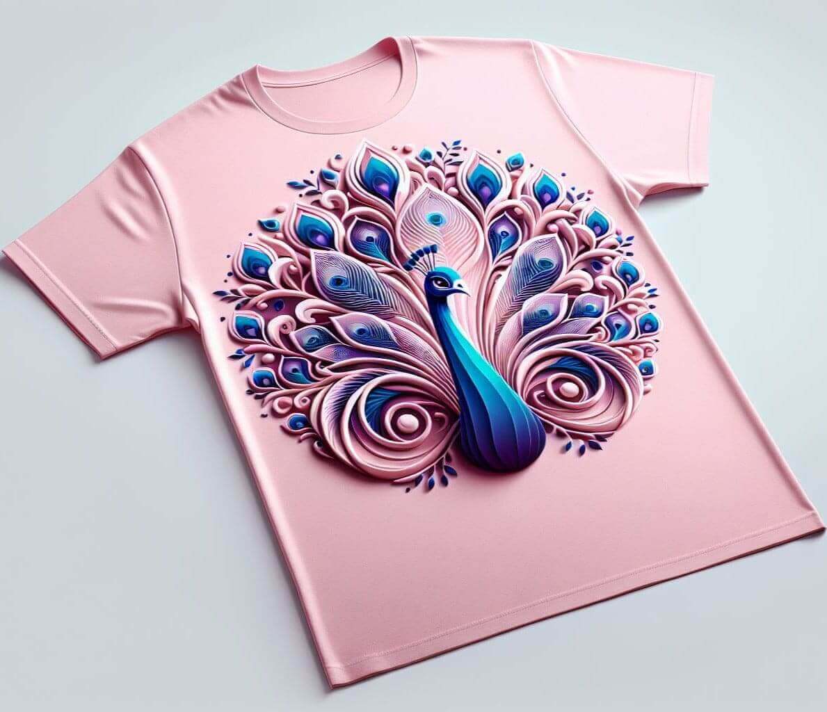 Peacock Feather Pink Short Sleeve Cotton Round Neck T - Shirt - Acquires