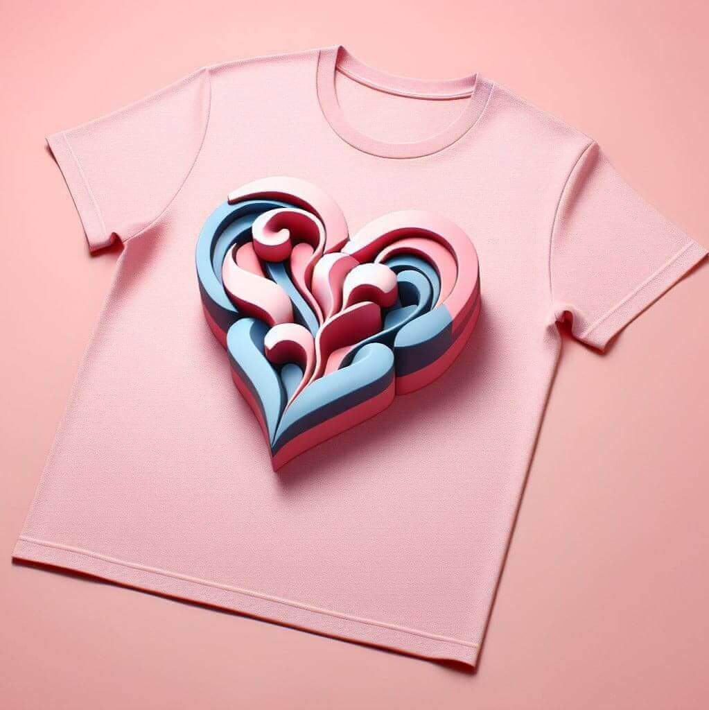 Pink 3D Heart Design Round Neck Short Sleeve Cotton T - Shirt - Acquires