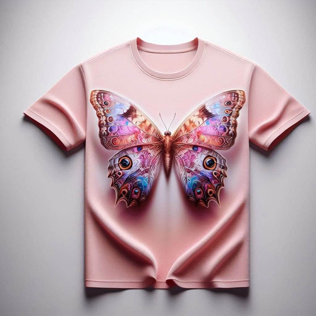 Pink Butterfly Round Neck Half Sleeve Cotton T - Shirt - Acquires