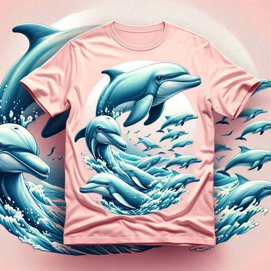 Playful Dolphin Splash Pink Round Neck Short Sleeve Cotton T - Shirt - Acquires