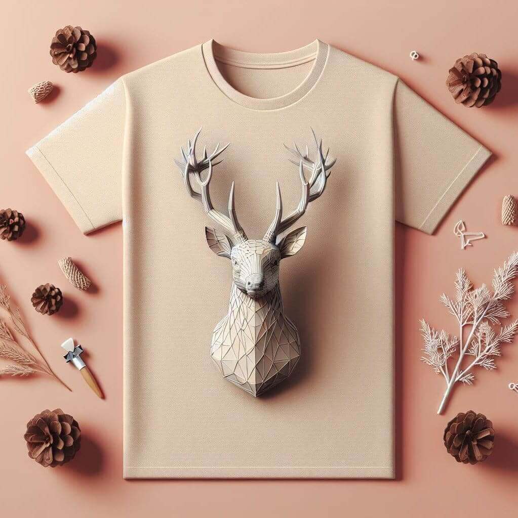 Polygonal Deer Geometric Graphic Beige Color Round Neck Short Sleeve Cotton T - Shirt - Acquires