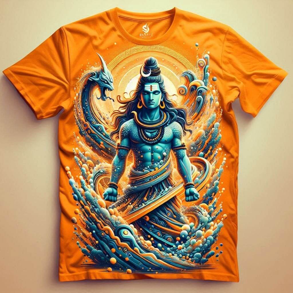 Powerful Orange Shiva Modern Round Neck Half Sleeve Cotton Tee - Acquires