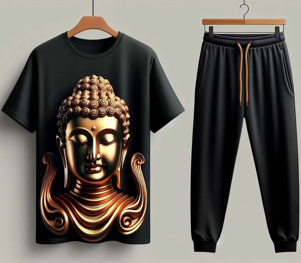 Premium Buddha Stunning Black Tracksuit Set with Plain Pant - Acquires