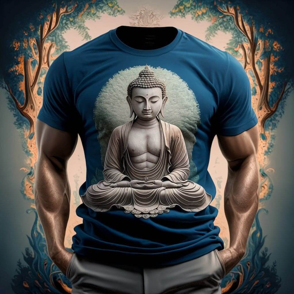 Radiant Peace Buddha Blue Modern Cut Round Neck Half Sleeve Cotton T - Shirt - Acquires