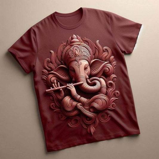 Red Lord Ganesh Flute Tee - Divine Harmony - Acquires