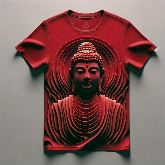 Red Radiance: Stunning Buddha Round Neck Short Sleeve Cotton T - Shirt - Acquires