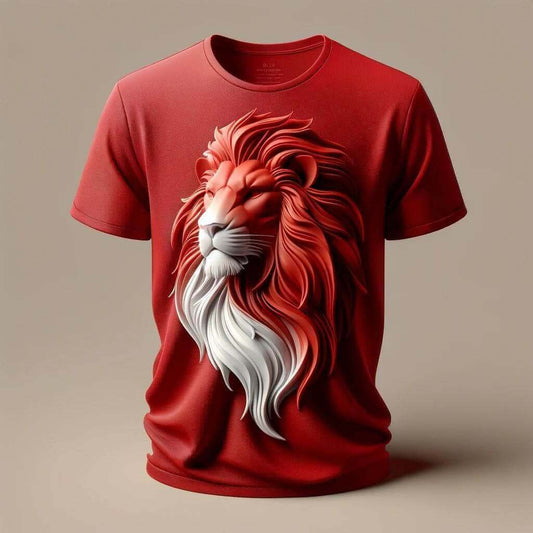 Roaring Red Lion Red Round Neck Short Sleeve Cotton T - Shirt - Acquires