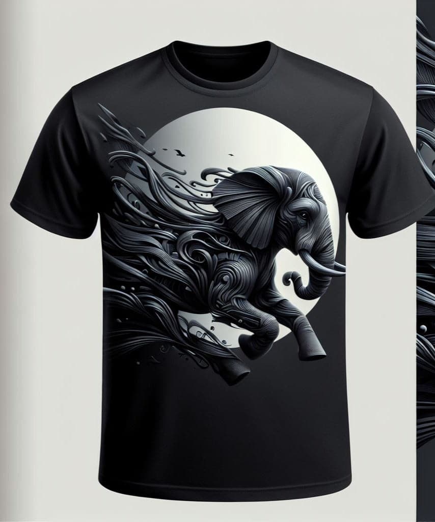 Running Elephant Abstract Black Round Neck Short Sleeve Cotton T - Shirt - Acquires