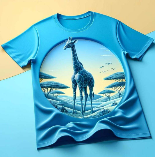 Savannah Giraffe Blue Round Neck Short Sleeve Cotton T - Shirt - Acquires