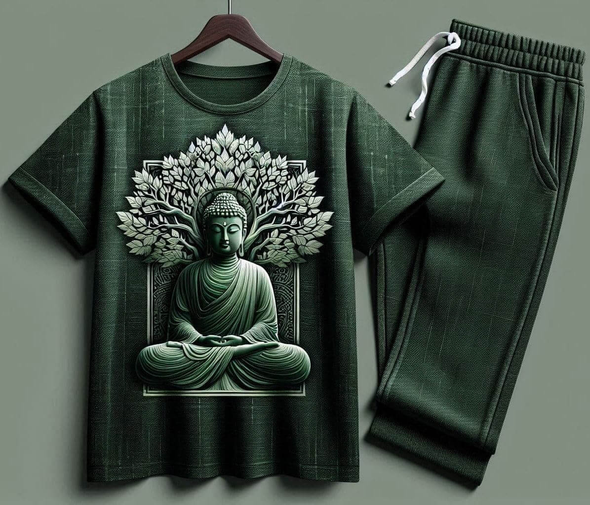 Serene Buddha Dark Green Tracksuit Set with Plain Pant - Acquires