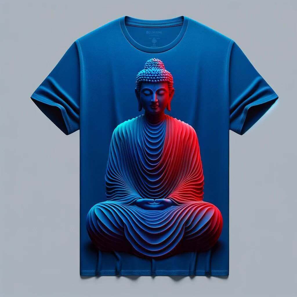 Serene Buddha Statue Half Sleeves Blue Color Cotton T - Shirt - Acquires