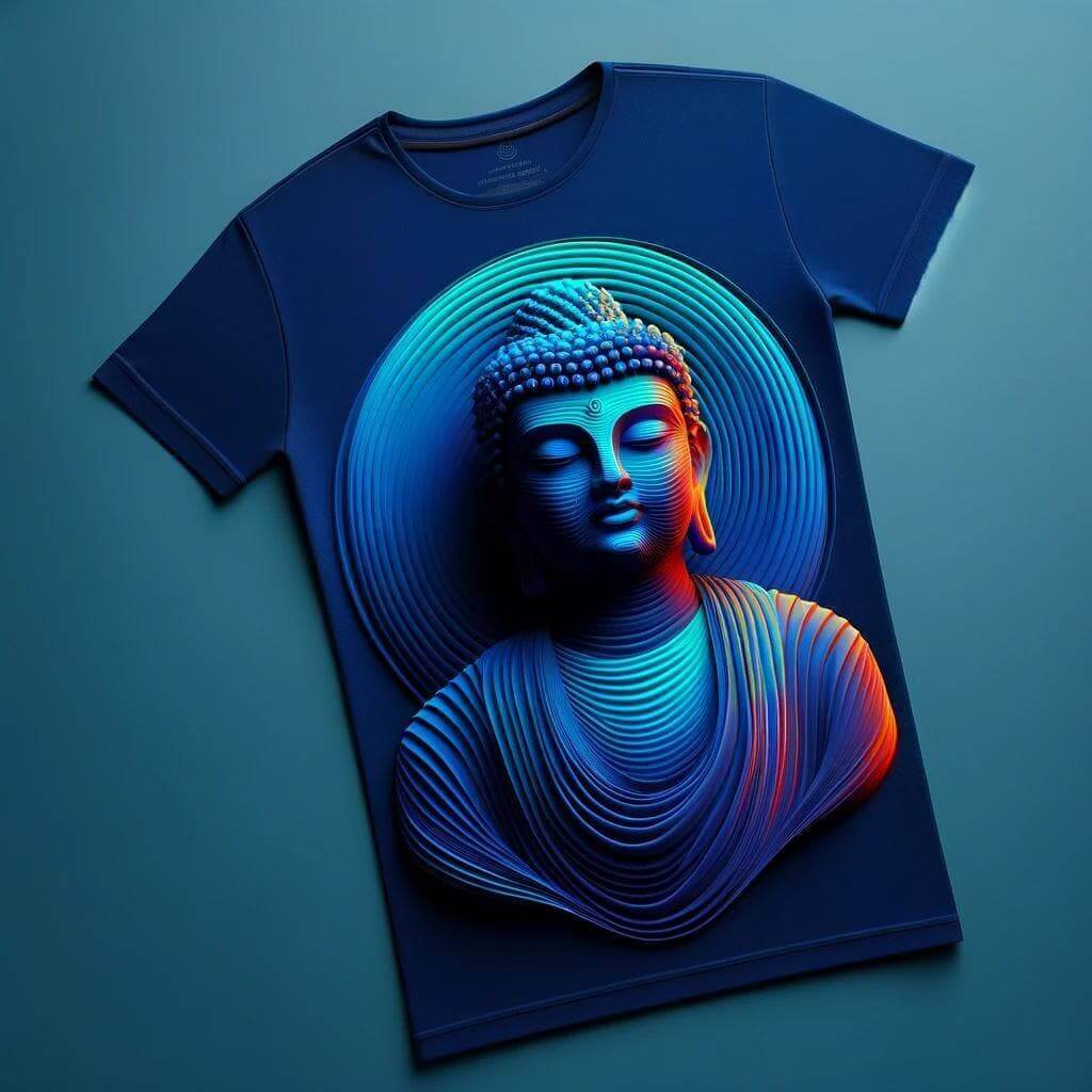 Serenity Seeker: Enlightened Buddha Navy Blue Round Neck Short Sleeve Cotton T - Shirt - Acquires