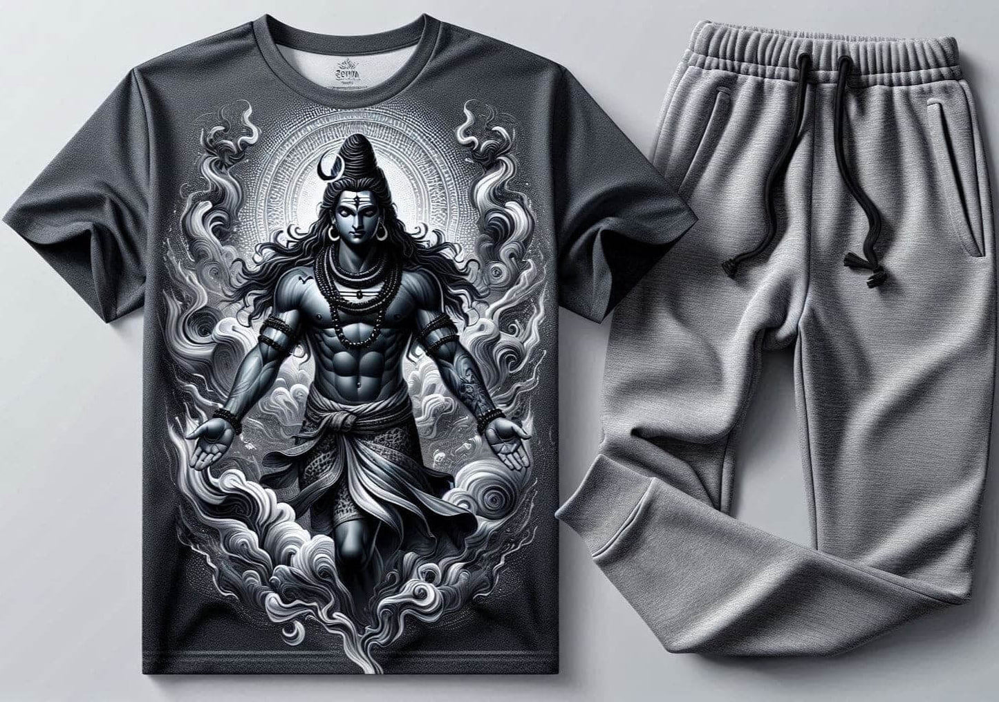 Shiva with Aura Dark Grey T - Shirt and Grey Trackpant Tracksuit Set - Acquires