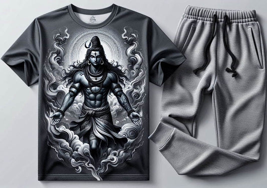 Shiva with Aura Dark Grey T - Shirt and Grey Trackpant Tracksuit Set - Acquires