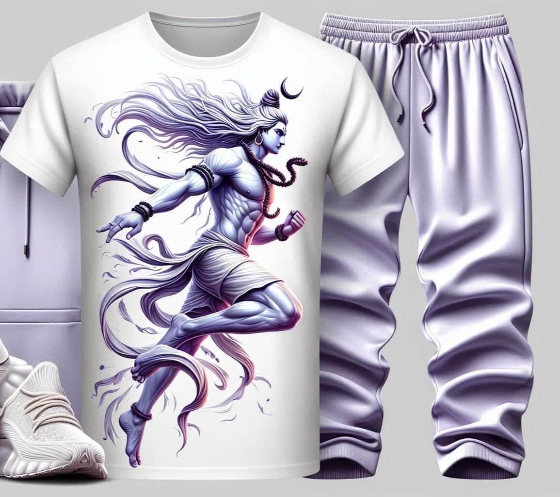 Shiva with Powerful Mantras White T - Shirt and Lavender Trackpant Tracksuit Set - Acquires