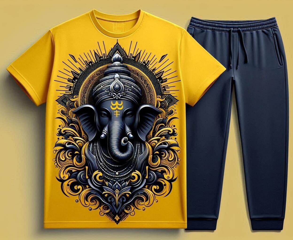 Sidhi Vinayak Yellow T - Shirt with Black Trackpant Tracksuit Set - Acquires