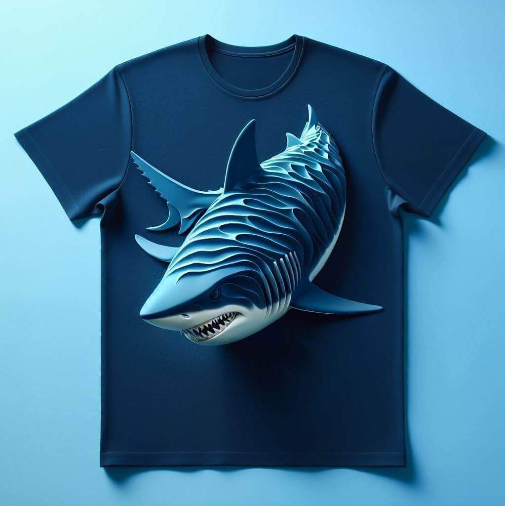 Sleek Shark Navy Blue Design Printed Round Neck Short Sleeve Cotton T - Shirt - Acquires