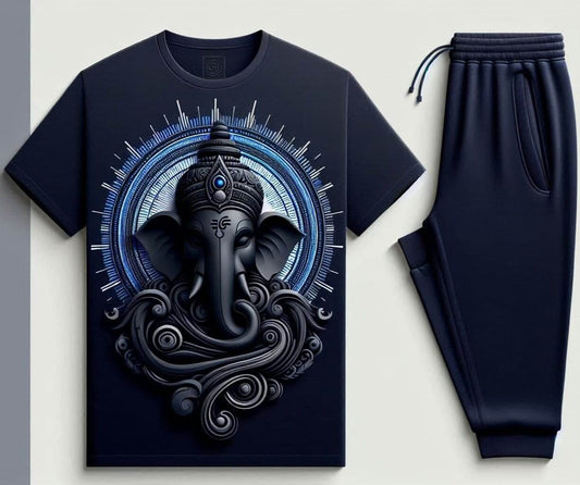 Sri Ganesha Chakra Navy Blue Tracksuit Set with Plain Pant - Acquires