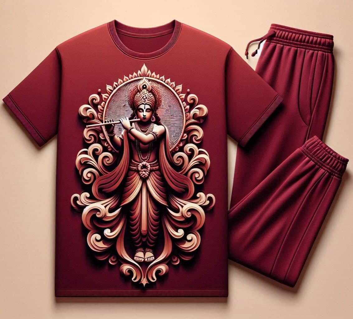 Sri Krishna Avatar Maroon Tracksuit Set with Plain Pants - Acquires