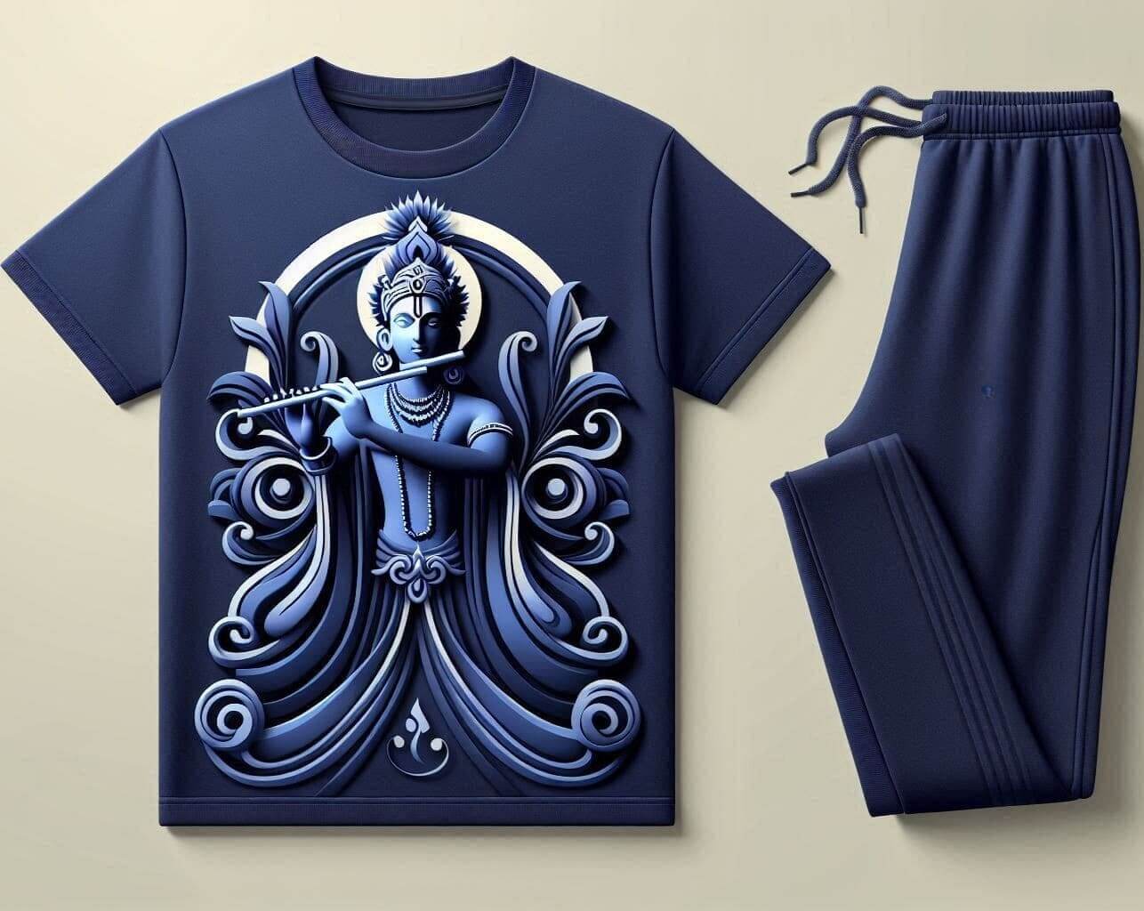 Sri Krishna Madhav with Flute Blue Tracksuit Set with Plain Pant - Acquires