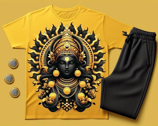 Sri Lakshmi Peace Yellow T - Shirt with Black Trackpant Tracksuit Set - Acquires