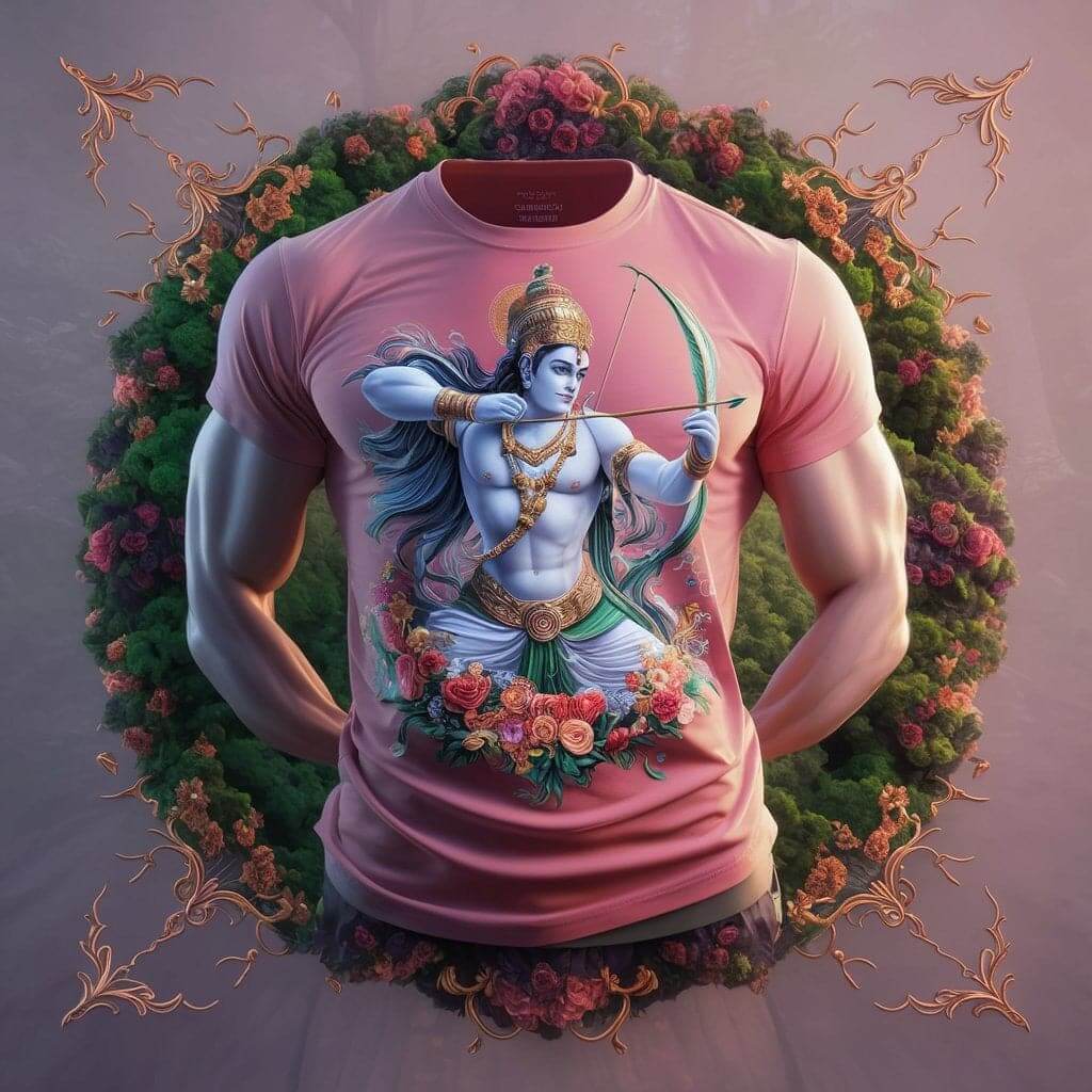 Sri Rama With Bow Pink Floral Round Neck Half Sleeve Cotton T - Shirt - Acquires