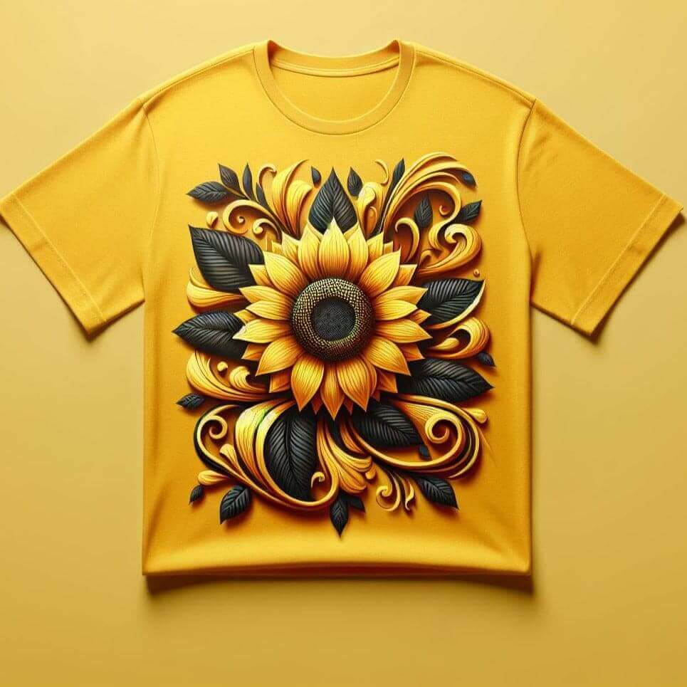 Sunflower Swirl Yellow Design Printed Round Neck Short Sleeve Cotton T - Shirt - Acquires