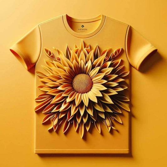 Sunny Yellow Sunflower Design Printed Round Neck Short Sleeve Cotton T - Shirt - Acquires