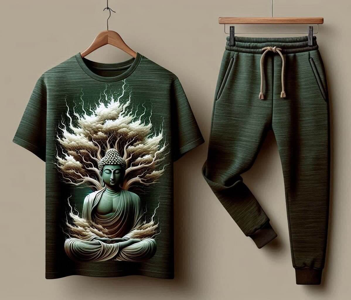 Tranquil Buddha Green Tracksuit Set with Plain Pant - Acquires