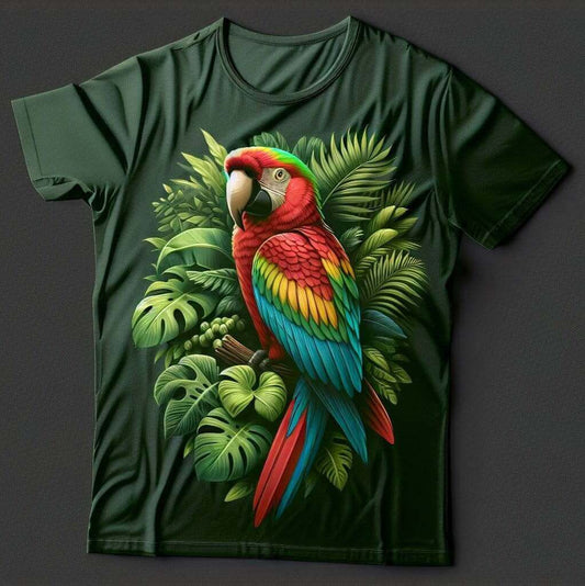 Tropical Parrot Green Design Printed Round Neck Short Sleeve Cotton T - Shirt - Acquires