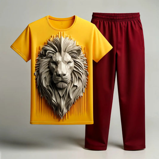 Amazing White Lion on Yellow Tee with Maroon Red Jogger Tracksuit
