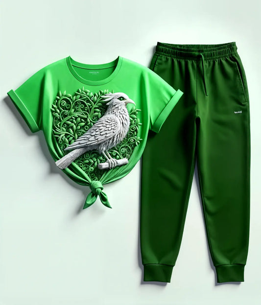 Women's Emerald White Bird Green Tracksuit