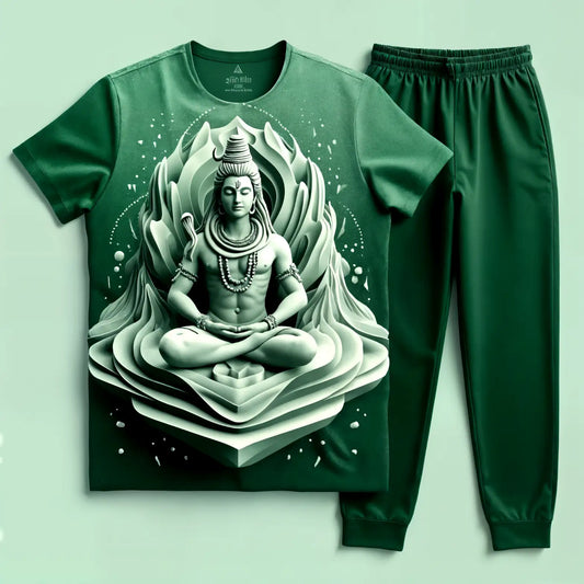 Lord Shiva Meditating Green Tee & Dark Green Jogger Set
