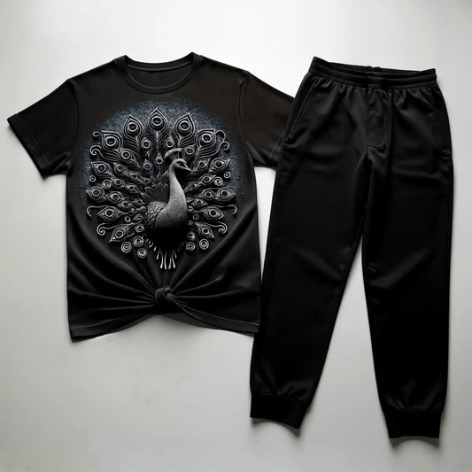 Women's Black Aura Peacock T-Shirt & Jogger Combo