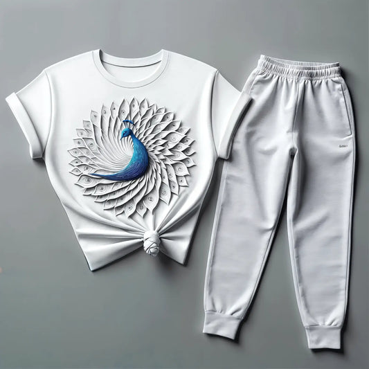 Women's White Spiral Peacock Tee & Grey Jogger Combo