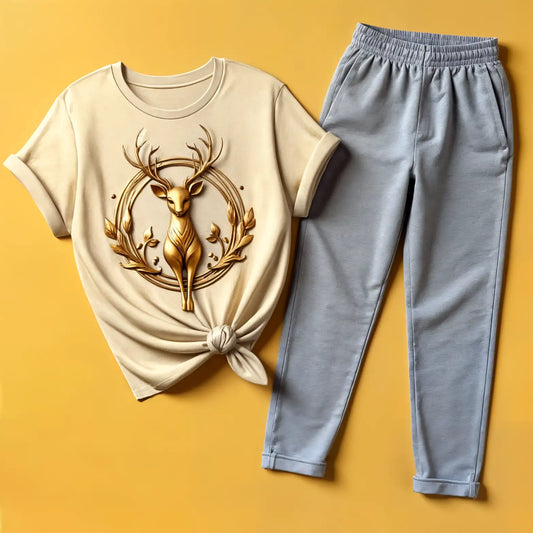 Women's Golden Crest Deer Tee & Grey Jogger Combo