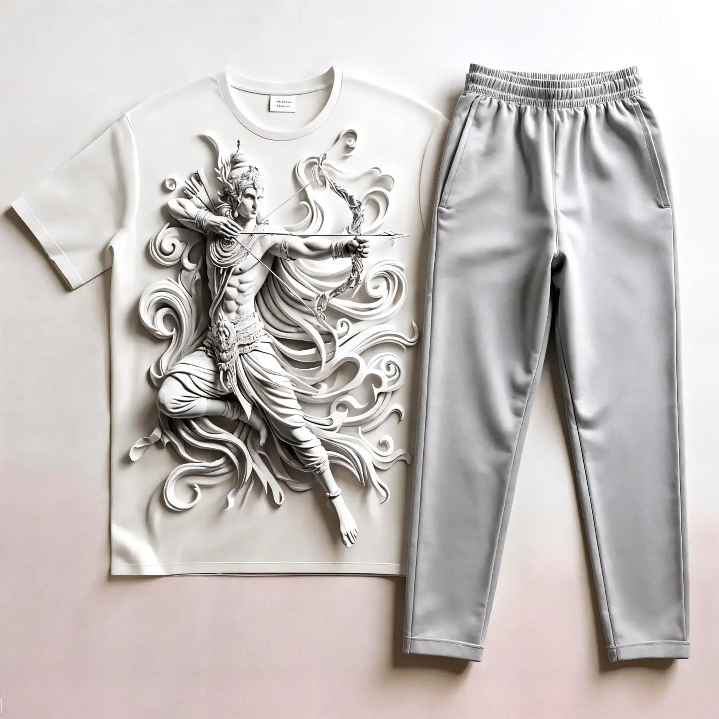 Milk White Lord Rama Tee & Grey Soft Jogger Set