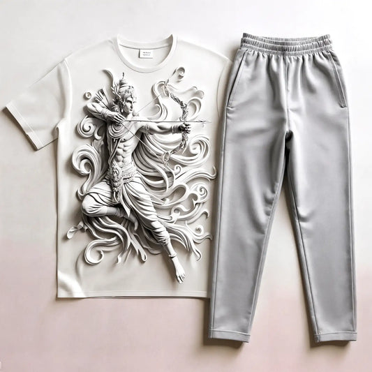 Milk White Lord Rama Tee & Grey Soft Jogger Set