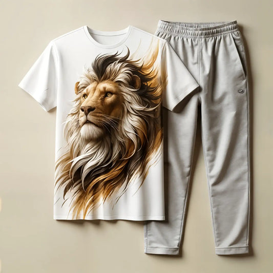 Elegant Smooth White 3D Lion & Grey Jogger Combo