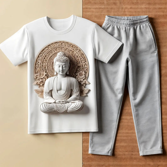 Majestic Buddha White Tee with Soft Grey Jogger Tracksuit
