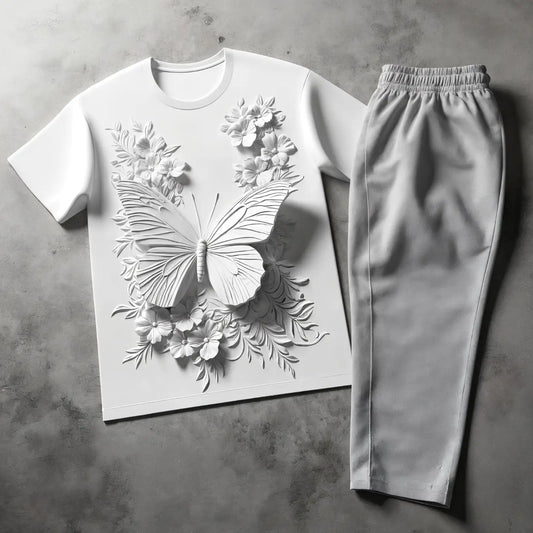 White Magical Butterfly Tee & Grey Jogger Combo