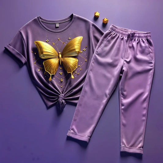 Women's Lavender Gold Butterfly T-Shirt & Jogger Combo