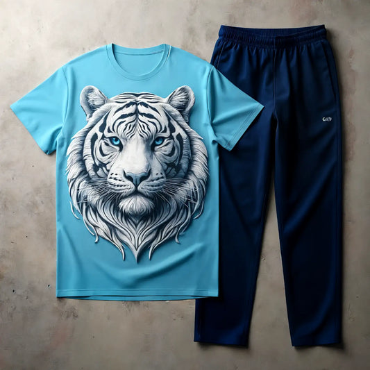 Elegant Stunning White Tiger Blue Tee & Navyblue Jogger Combo