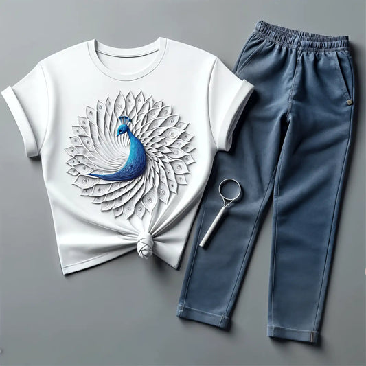 Classical White Peacock T-Shirt & Navyblue Joggers Combo